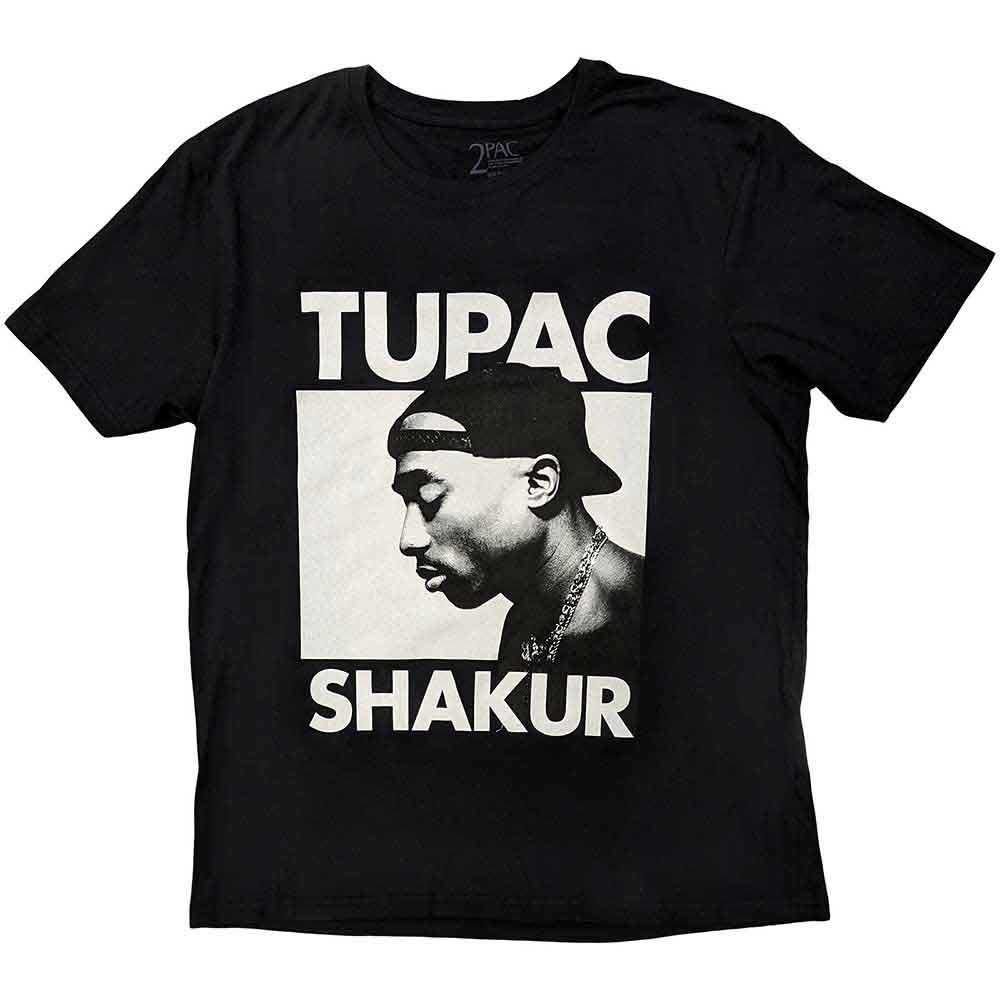 Black unisex t-shirt featuring a graphic print of Tupac Shakur with his eyes closed.