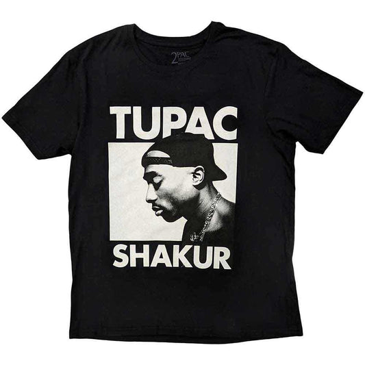 Black unisex t-shirt featuring a graphic print of Tupac Shakur with his eyes closed.