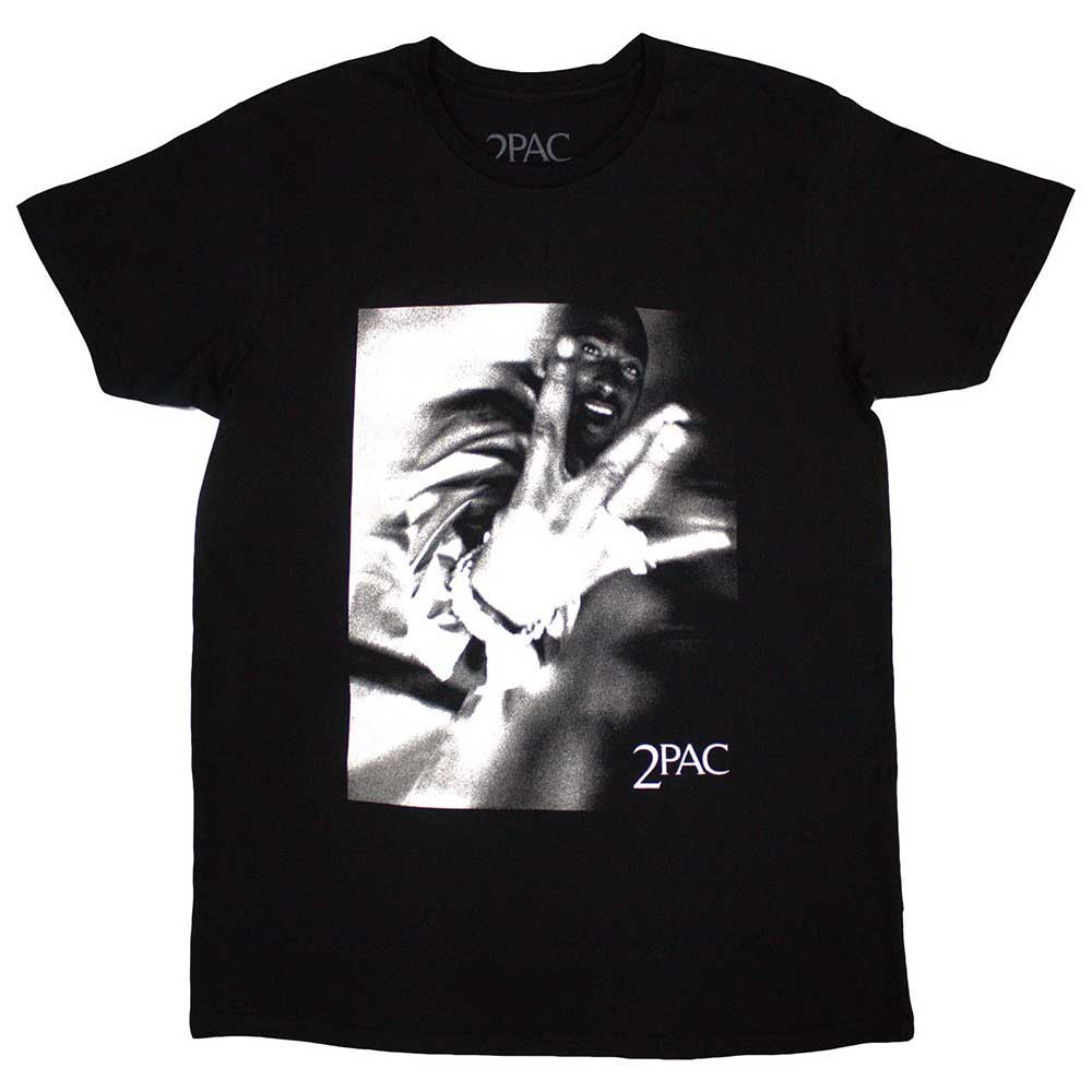 Black t-shirt featuring a graphic of Tupac Shakur’s hand with fingers extended.