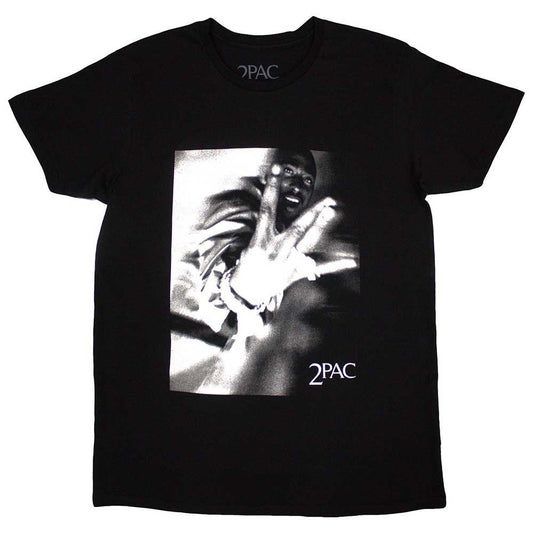 Black t-shirt featuring a graphic of Tupac Shakur’s hand with fingers extended.