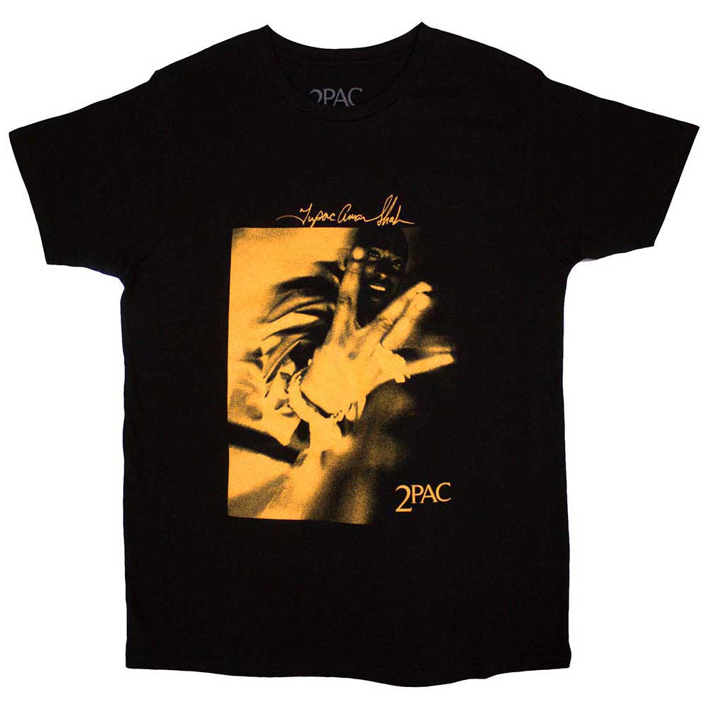 Orange-toned graphic of Tupac Shakur on a black unisex X-Large t-shirt.
