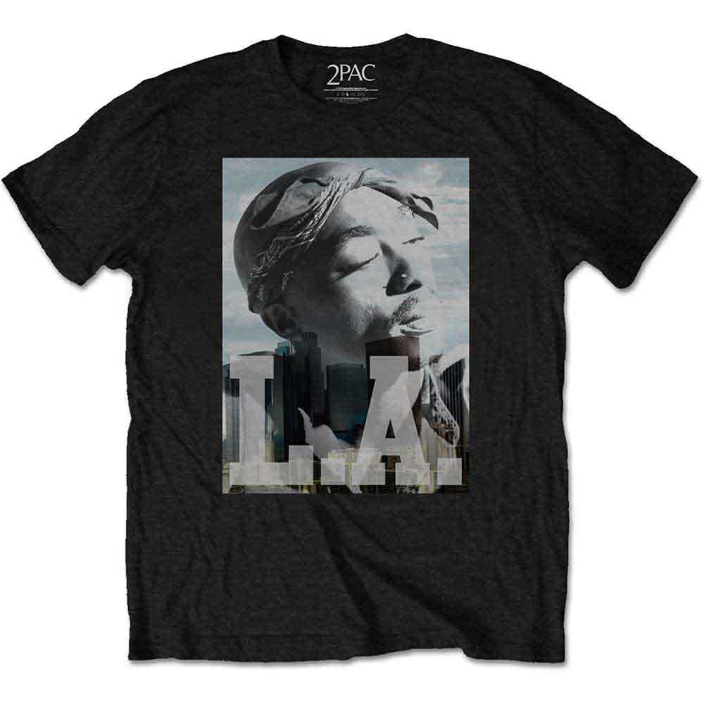 Black t-shirt with Tupac portrait and “LA” lettering graphic.