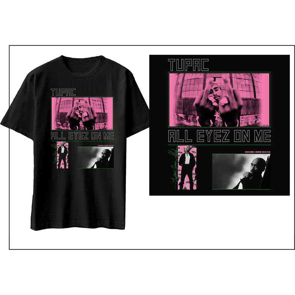 Black unisex t-shirt featuring a collage of various Tupac Shakur photographic portraits.