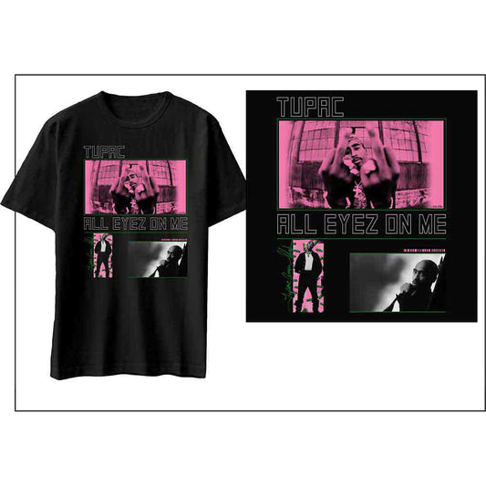 Black unisex t-shirt featuring a collage of various Tupac Shakur photographic portraits.