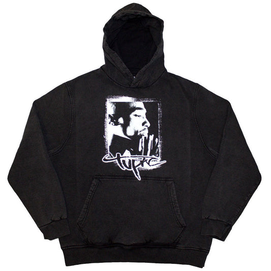 Gray hoodie with a spray-painted photo of Tupac Shakur, size X-Large.