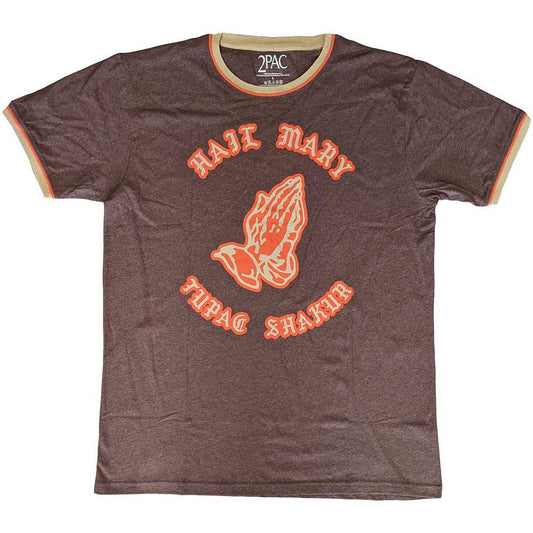 A black and white ringer t-shirt featuring a graphic print of Tupac Shakur.
