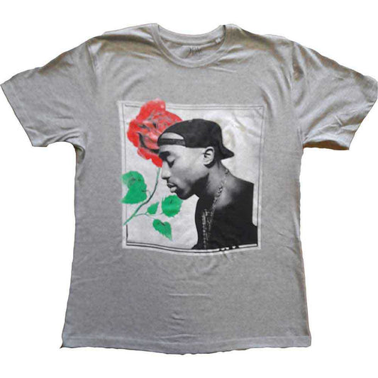 Black t-shirt with a rose and portrait of Tupac Shakur.