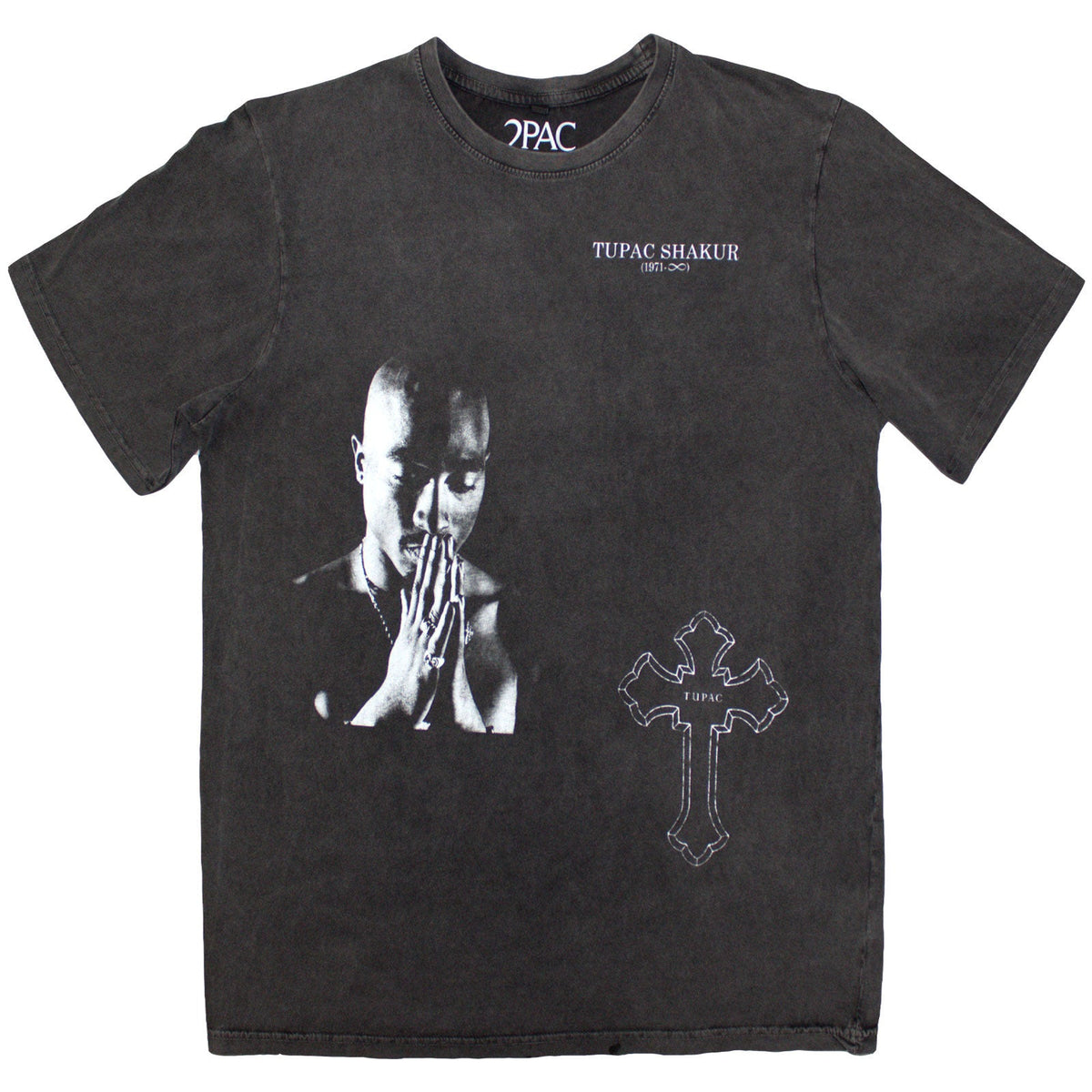 Stone wash t-shirt with a photo of Tupac and a cross design.