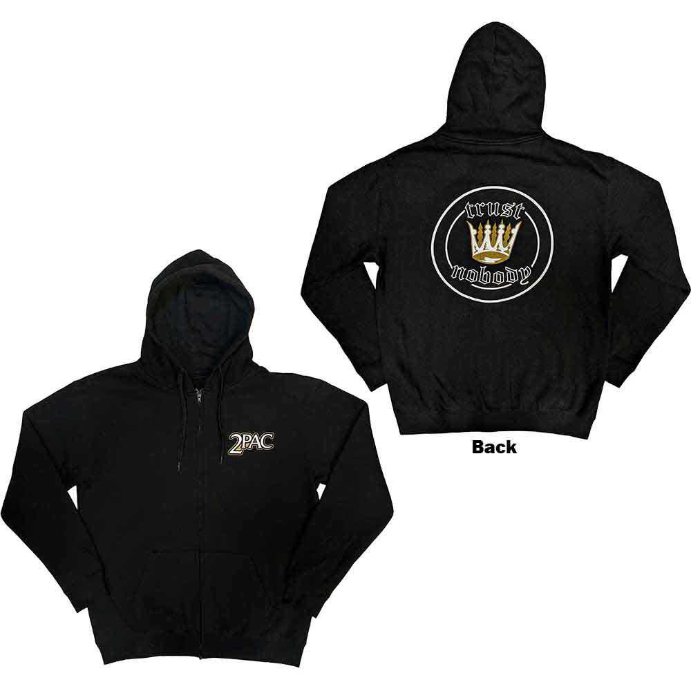 Black zipped hoodie with a large Tupac crown seal graphic on the back.