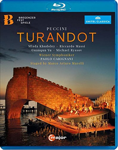 The Blu-ray cover for "Turandot" features a stage performance on a waterfront.