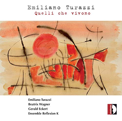 "Album cover with abstract art featuring red and black shapes on beige background."