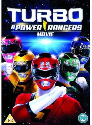 DVD cover featuring five Power Rangers in colorful costumes against a starry background.