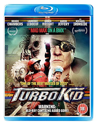 Turbo Kid" Blu-ray cover featuring characters in a post-apocalyptic wasteland.