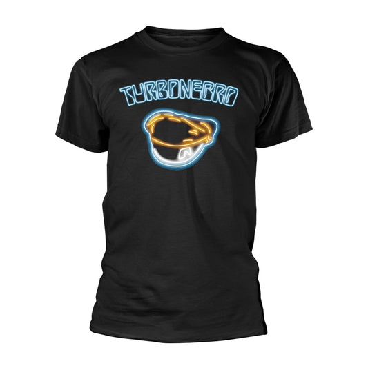 Black t-shirt with blue neon "TURBONEGRO" text and snail graphic.
