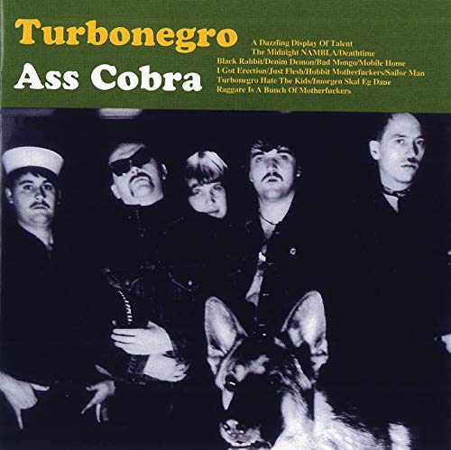 Turbonegro album cover: band photo with a dog, dark green background.