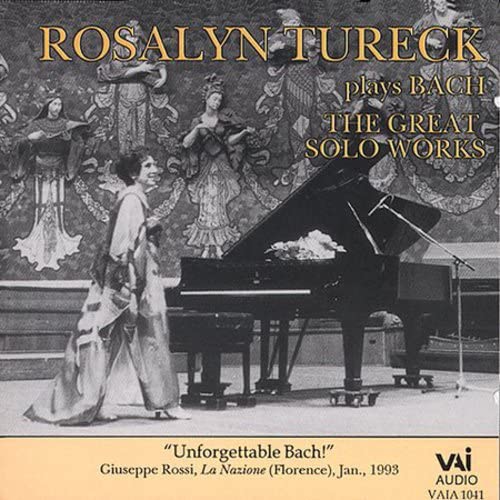 Rosalyn Tureck at a piano, album cover for Bach’s solo works.