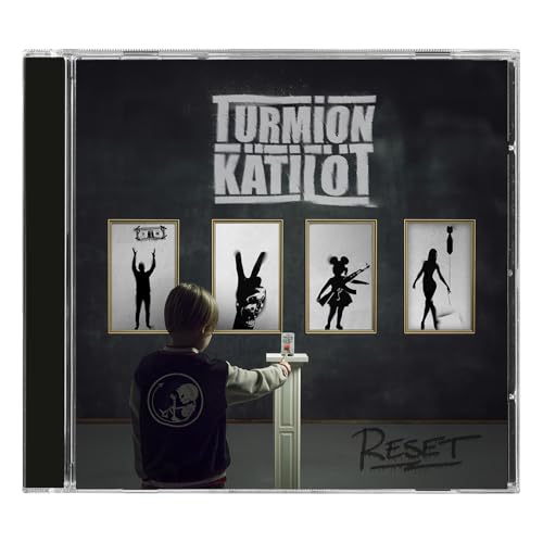 CD cover for Turmion Kätilöt’s “Reset,” featuring a boy with framed silhouettes.