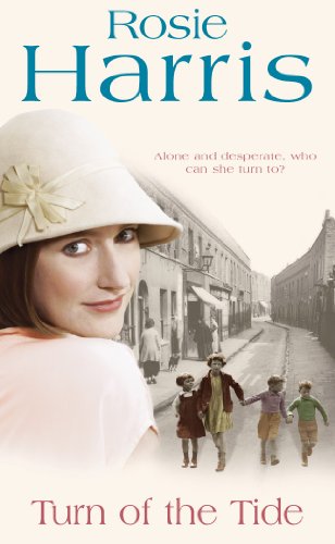 Book cover: woman in hat, vintage street scene, title "Turn of the Tide".