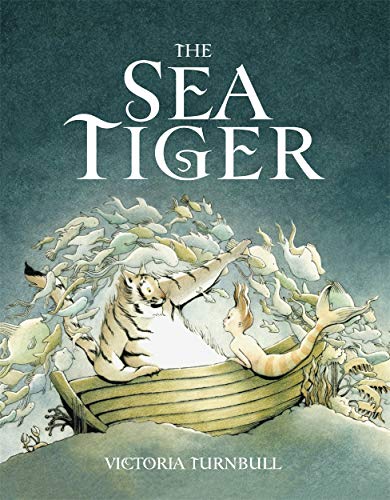 Book cover: tiger and mermaid in a boat with fish, illustrated style.