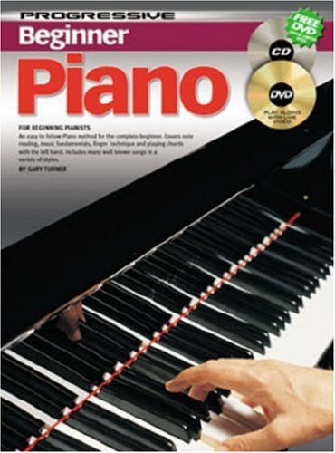 Progressive Beginner Piano" book cover with piano keys and free DVD icons.