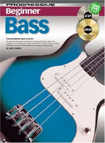 Book cover for “Beginner Bass” with a blue electric bass guitar.