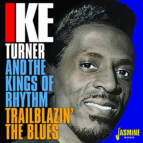 Black and white portrait of Ike Turner with bold text on a blue background.