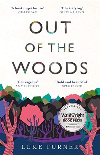 Book cover for "Out of the Woods" with abstract forest illustration.