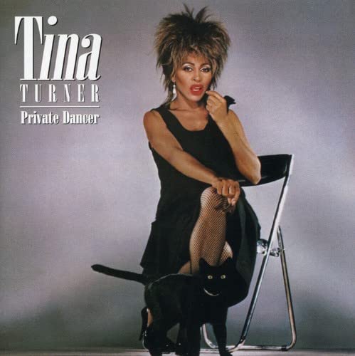 Tina Turner sitting on a chair with a black cat, "Private Dancer" album cover.