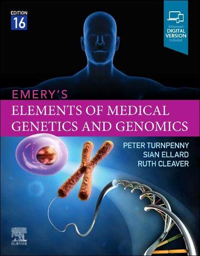 Textbook cover for "Emery's Elements of Medical Genetics and Genomics" with DNA imagery.