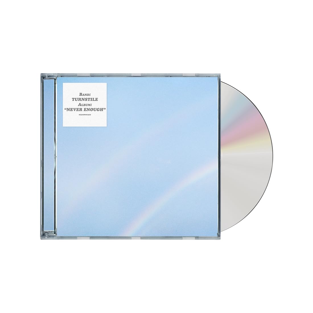 Turnstile Never Enough CD case with a light blue sky and rainbow cover art.