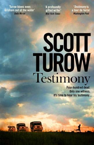 Book cover for “Testimony” by Scott Turow, stormy sky, cars, figure.