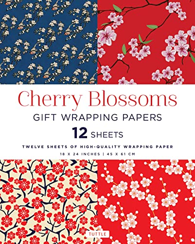 Four patterned wrapping paper designs featuring pink and white cherry blossoms.
