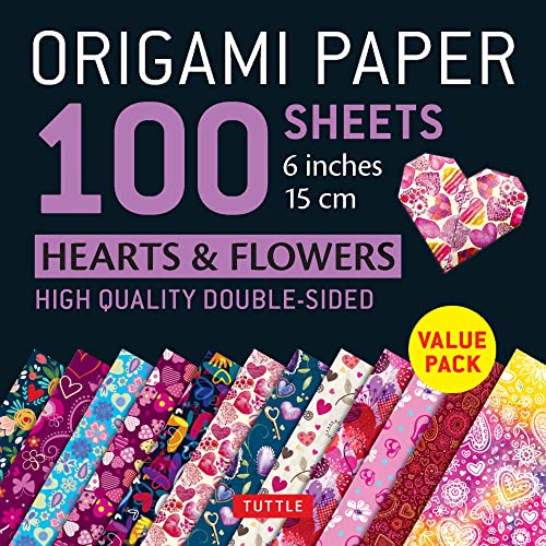 Stack of 100 origami papers with hearts and floral patterns.