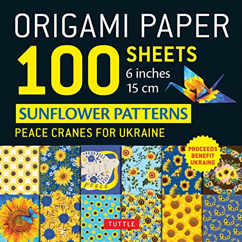 Origami paper pack with sunflower patterns and folded paper cranes.
