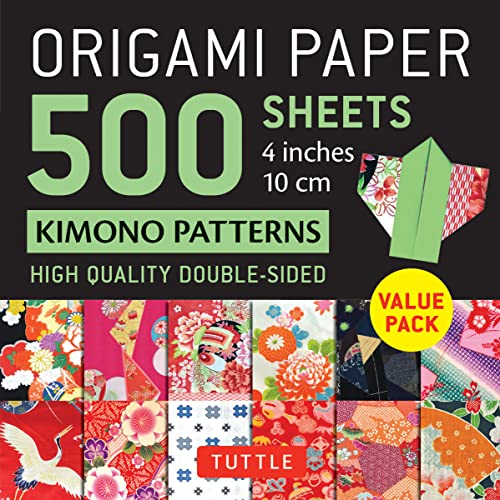 Stack of 500 double-sided origami papers with colorful kimono patterns.