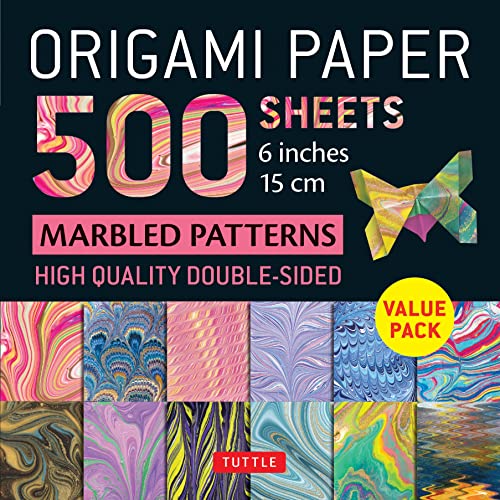 Pack of 500 marbled origami papers, 6 inches square, with sample designs.