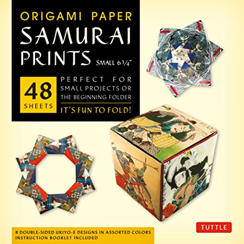 Pack of origami paper with samurai-themed prints and folded examples.
