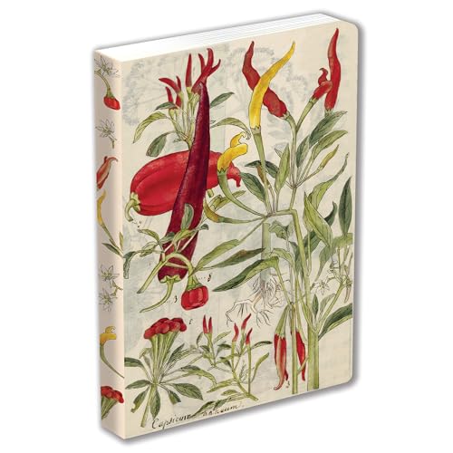 Hardcover journal with botanical illustration of red chilies and spinach.