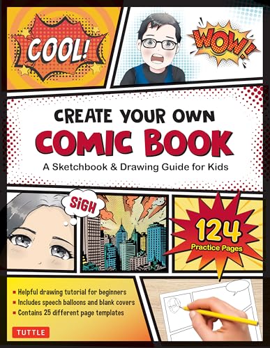 Comic book creation guide for kids with drawing examples and practice pages.