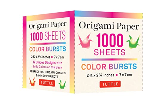 Stack of 1000 colorful origami papers in a pink box.
