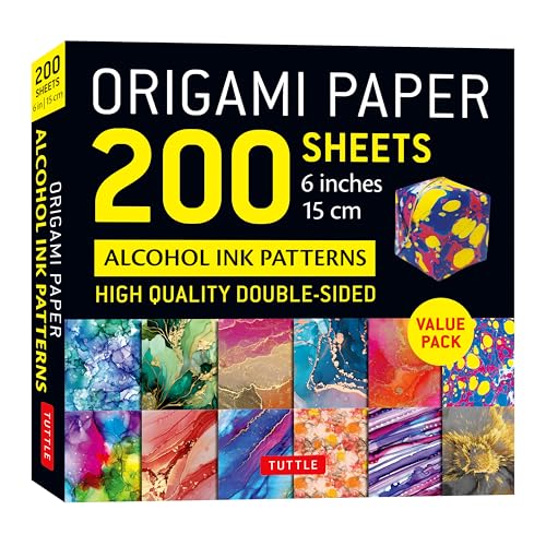 Pack of 200 double-sided origami papers with colorful alcohol ink designs.