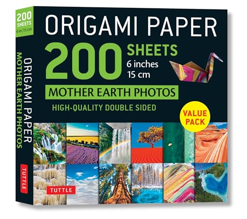 Pack of 200 double-sided origami papers with nature photography prints.