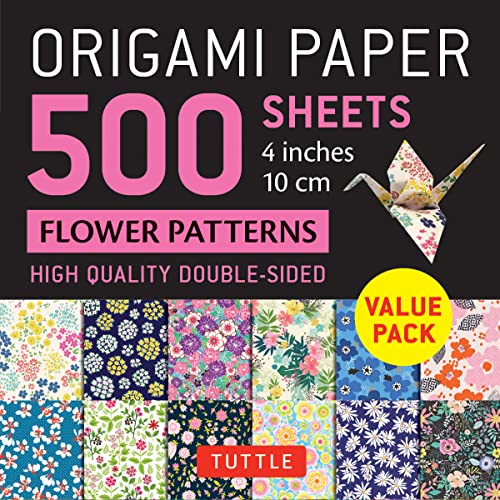 500 floral origami paper sheets, 10cm, with a folded crane example.