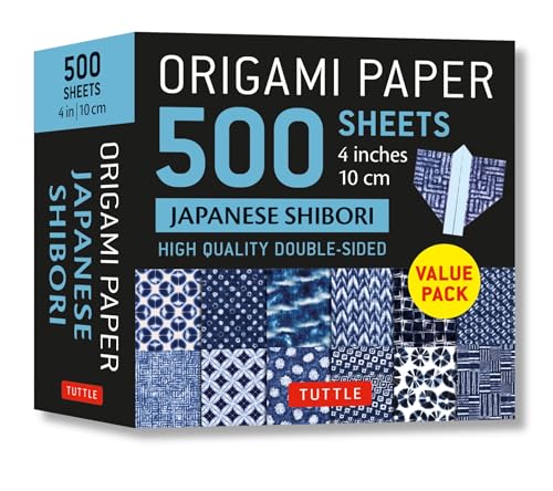 Package of 500 double-sided origami papers with blue shibori patterns.