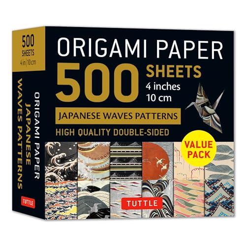 Pack of 500 double-sided origami papers with Japanese wave patterns.