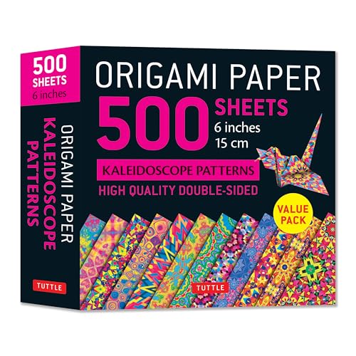 Box of 500 sheets of 6-inch square origami paper with colorful kaleidoscope patterns.