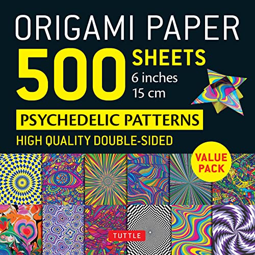 Pack of 500 double-sided origami papers with colorful psychedelic patterns.