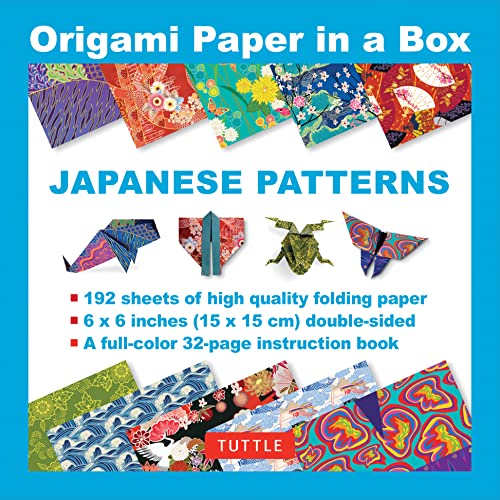 Box of colorful patterned origami paper with folded paper examples.