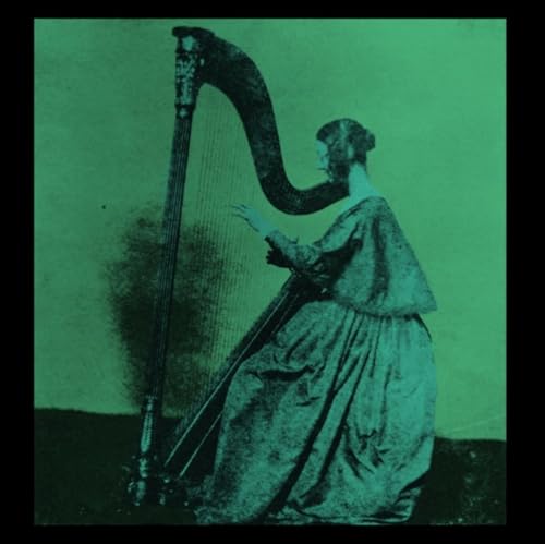 Vintage-style image of a woman playing a large harp, green tint.