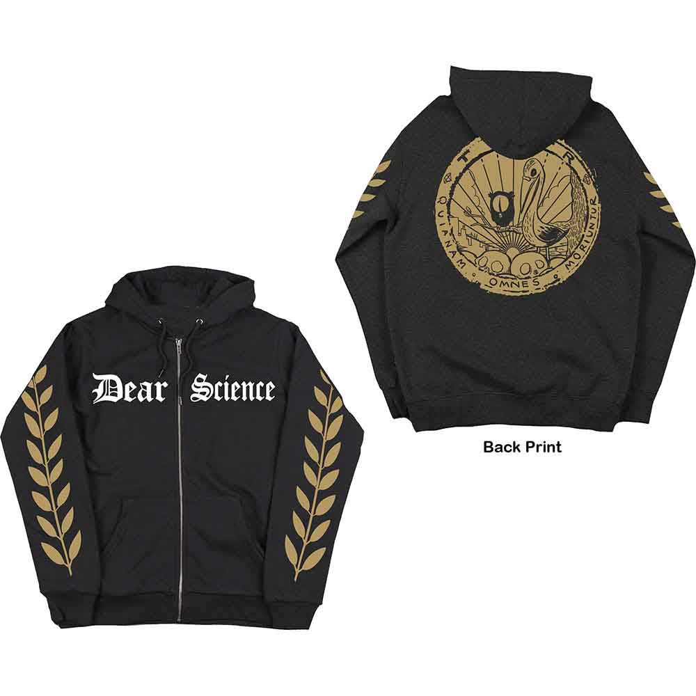 Black zipped hoodie with "Dear Science" text and gold leaf designs.